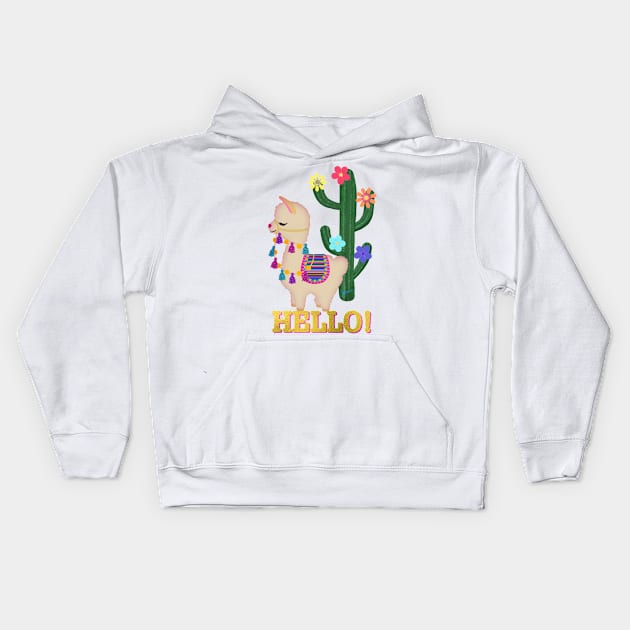 Hello Cute Little Llama and Cactus | Cherie's Original Art (c)2021 Kids Hoodie by CheriesArt